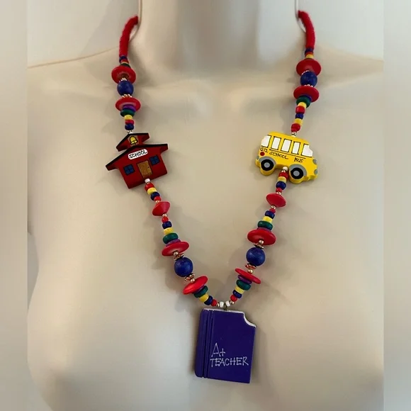 Vintage 90s Y2K Handmade Teacher Jewelry Set Schoolhouse Bus Necklace Earrings - Picture 3 of 13